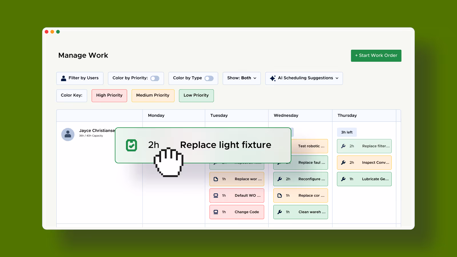 Work management interface showing a schedule with tasks color-coded by priority and a hand cursor dragging a 'Replace light fixture' task scheduled for 2 hours.