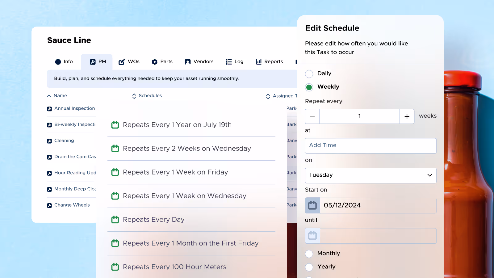 Asset maintenance management interface showing scheduled tasks including annual inspections, bi-weekly inspections, cleanings, and a popup to edit task schedules with options for frequency and start date.
