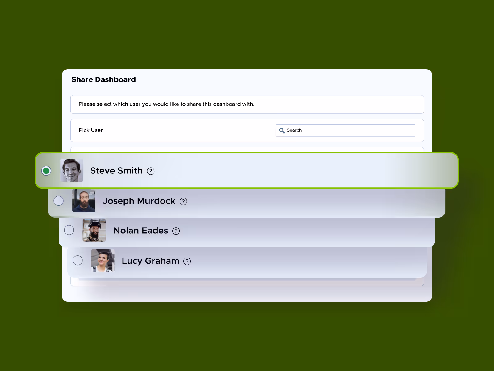 Share Dashboard interface with user selection list highlighting Steve Smith, showing user photos and radio buttons.