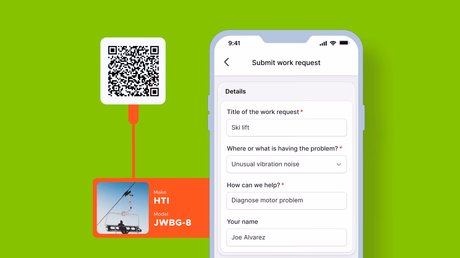 Mobile screen displaying a work request form for a ski lift with problem details and user name, connected via QR code to equipment info showing make HTI and model JWBG-8.