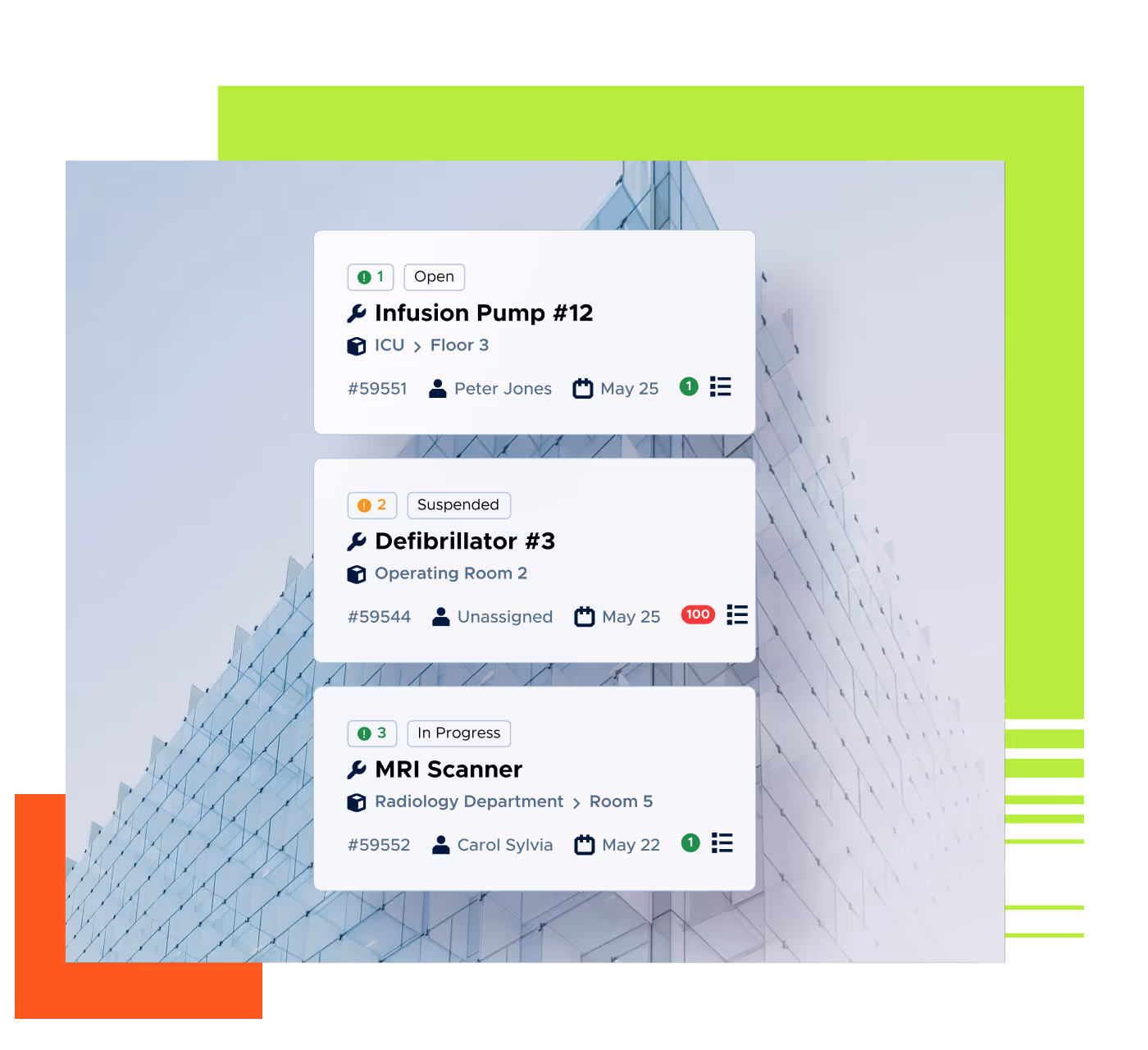 Three medical equipment status cards displaying details for Infusion Pump #12 open in ICU Floor 3, Defibrillator #3 suspended in Operating Room 2, and MRI Scanner in progress in Radiology Department Room 5.