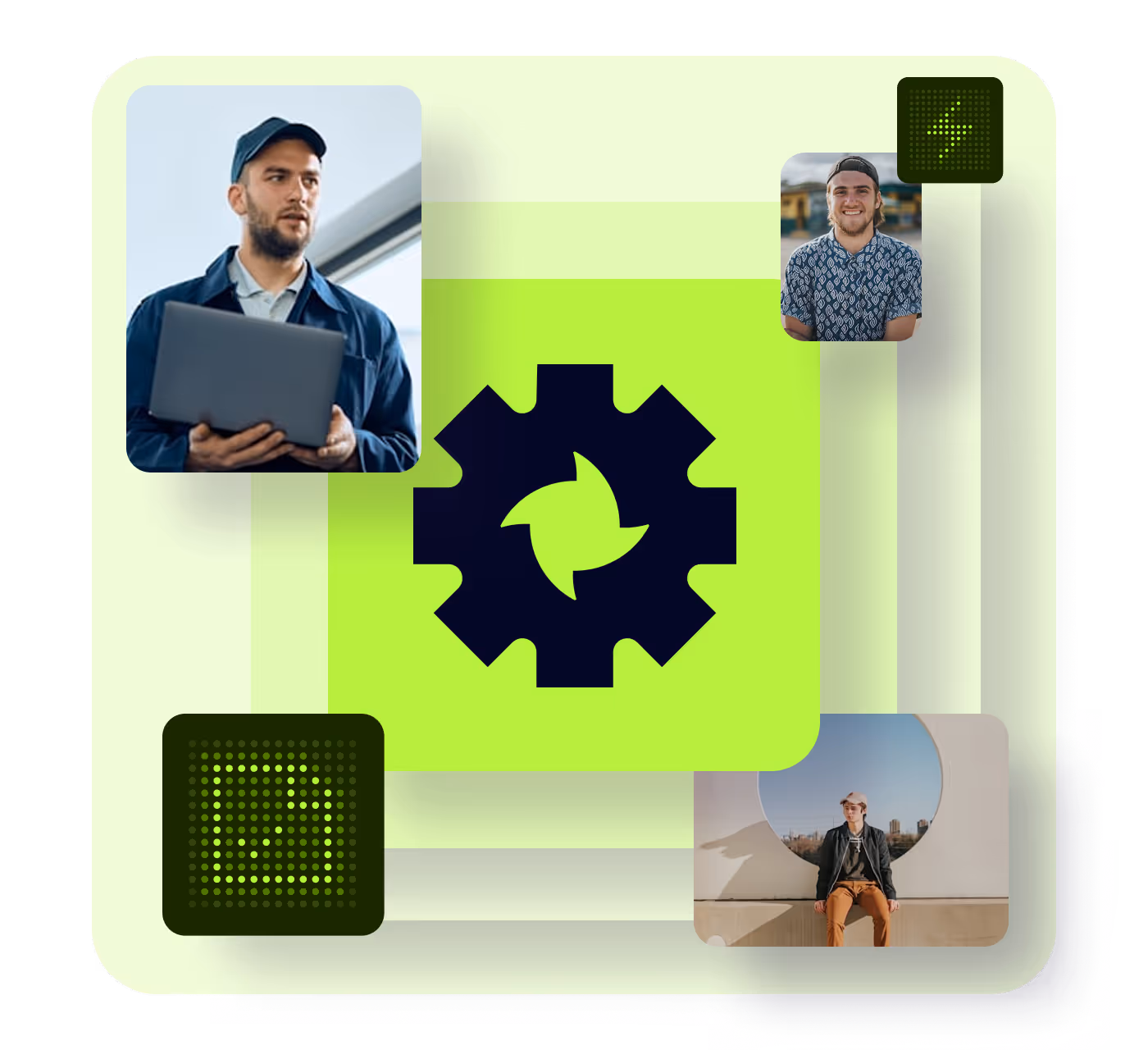 Digital graphic featuring a central black gear with a recycling symbol on a bright green square, surrounded by photos of three casually dressed men and two small green LED-style icons showing a lightning bolt and a circular arrow.