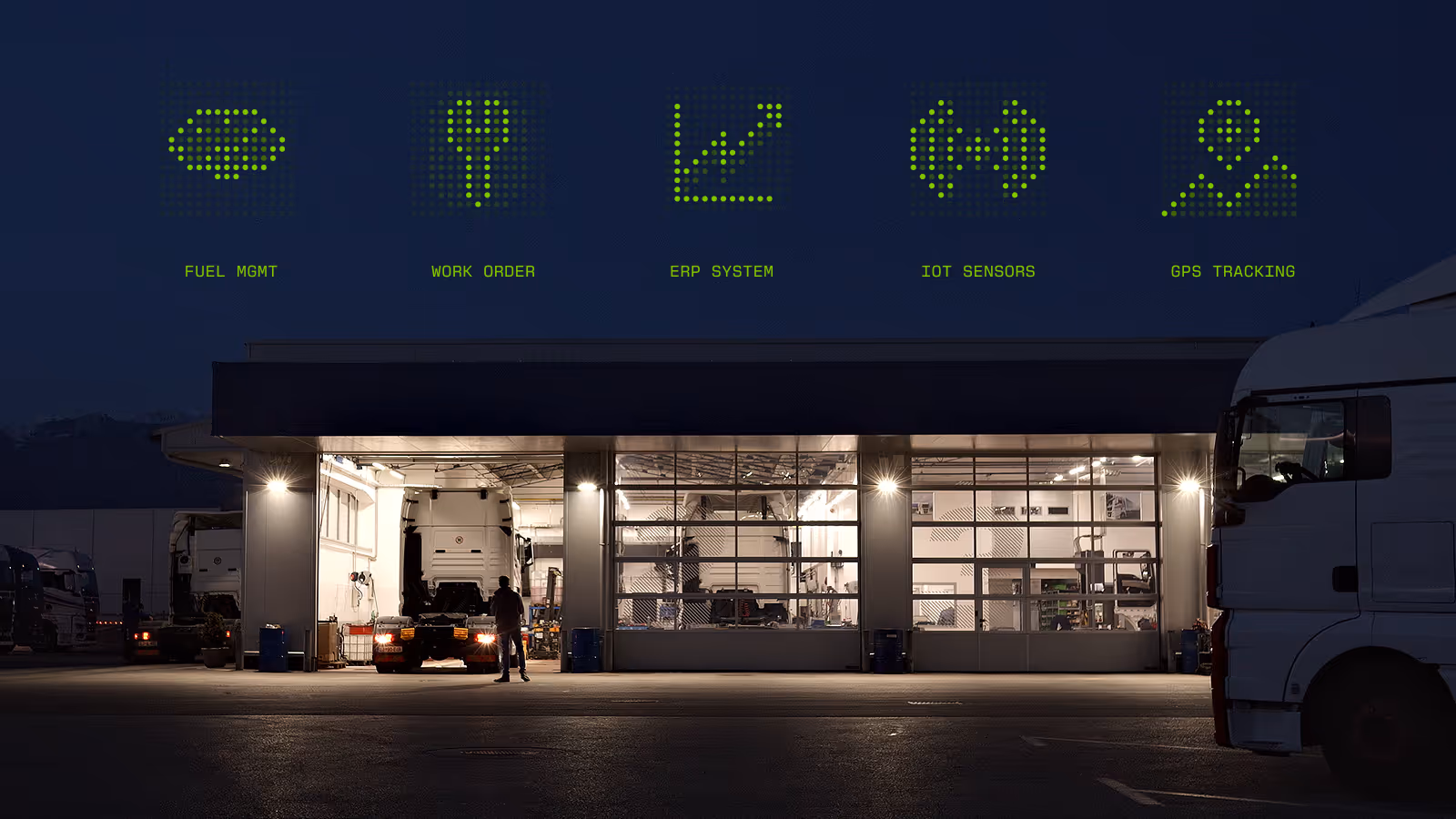 Truck maintenance garage at night with glowing green icons above representing fuel management, work order, ERP system, IoT sensors, and GPS tracking.