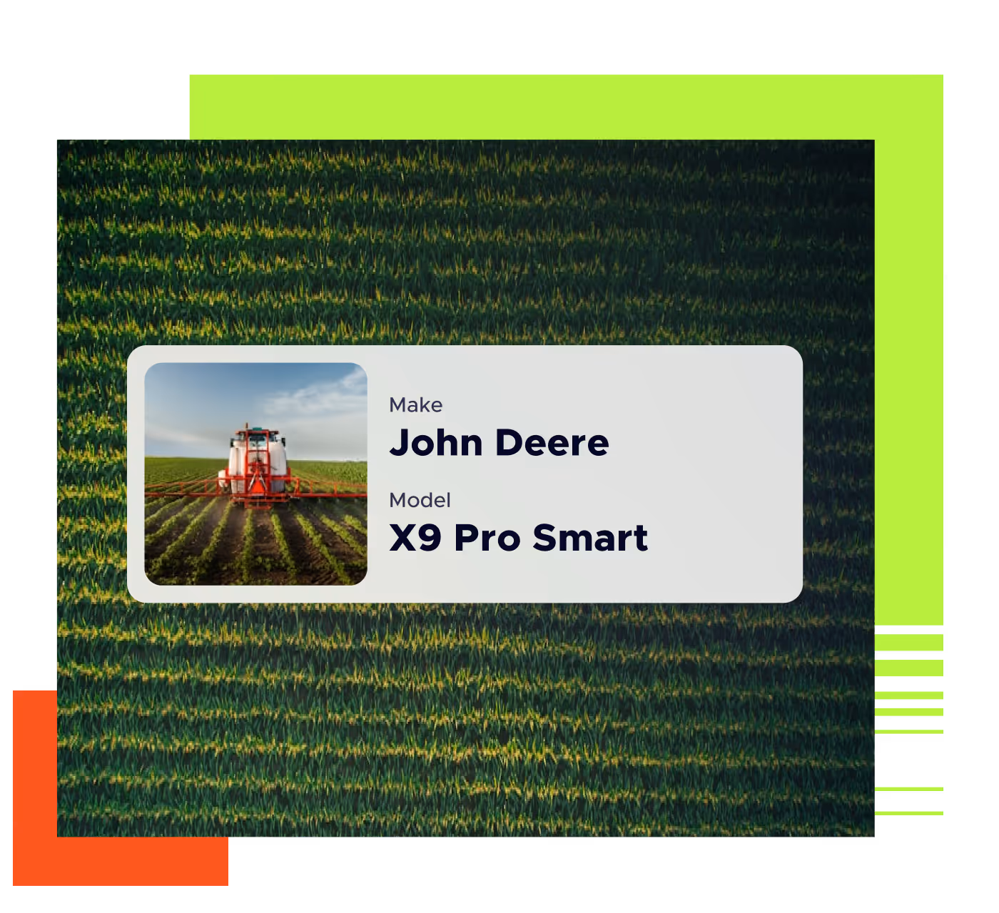 A red agricultural sprayer vehicle spraying crops in a green field, labeled as John Deere X9 Pro Smart.