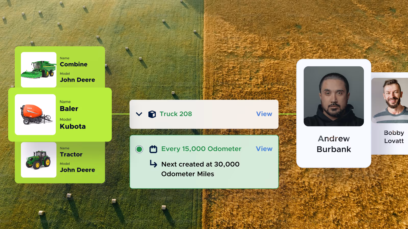 Diagram showing agricultural machinery with names and models: Combine John Deere, Baler Kubota, Tractor John Deere, linked to Truck 208 and maintenance info every 15,000 odometer miles, next at 30,000, alongside photos of Andrew Burbank and Bobby Lovatt.