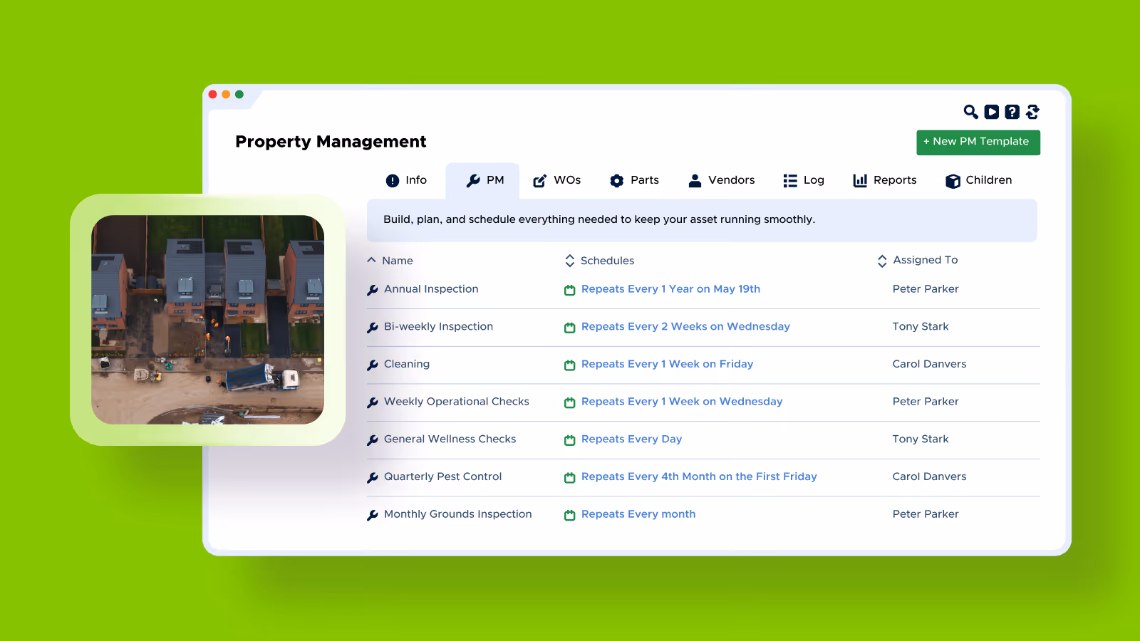 Property Management software interface showing scheduled maintenance tasks with names, schedules, and assigned personnel, and an inset aerial photo of a residential area.