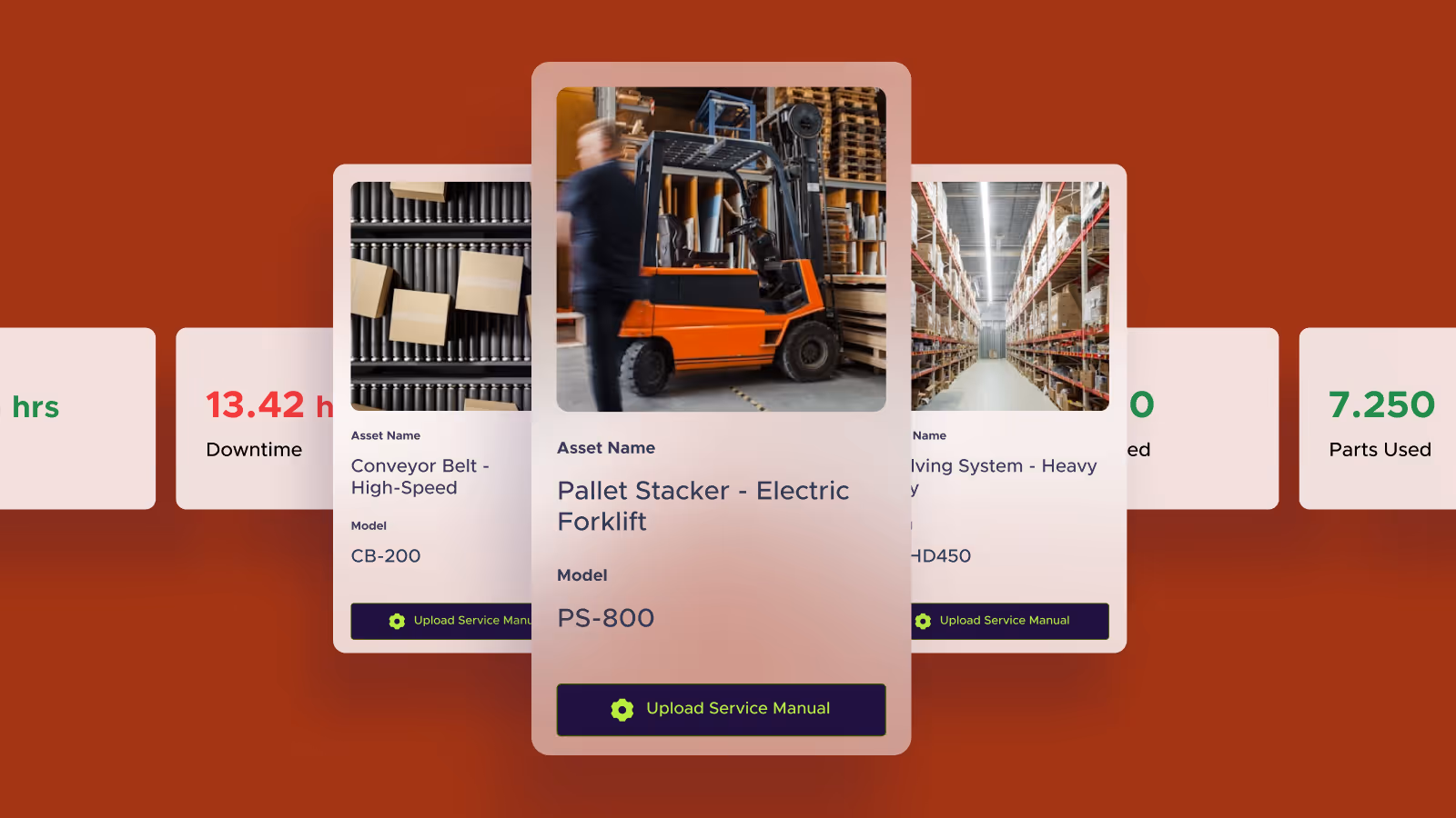 Dashboard cards showing warehouse assets including a pallet stacker electric forklift, conveyor belt, and shelving system with an option to upload service manuals.