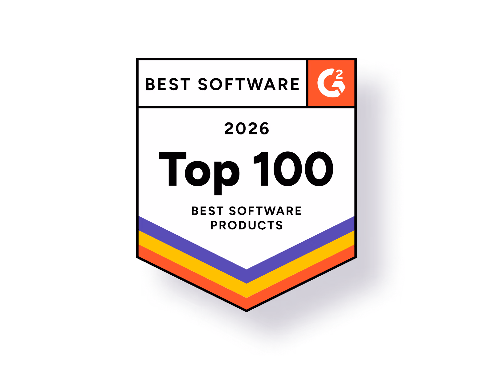2026 G2 Top 100 Best Software Products badge with purple, yellow, and orange stripes.