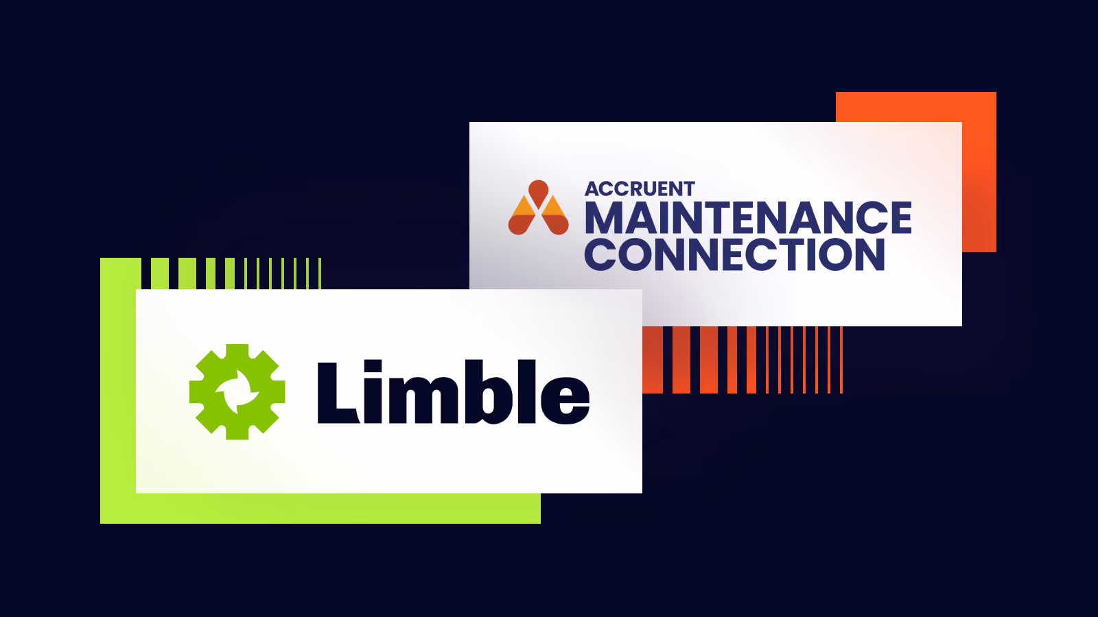 Logos of Limble with a green gear icon and Accruent Maintenance Connection with an orange abstract icon on a dark background.
