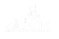 Aztec Construction Services LLC logo featuring stylized rooftops and a city skyline.
