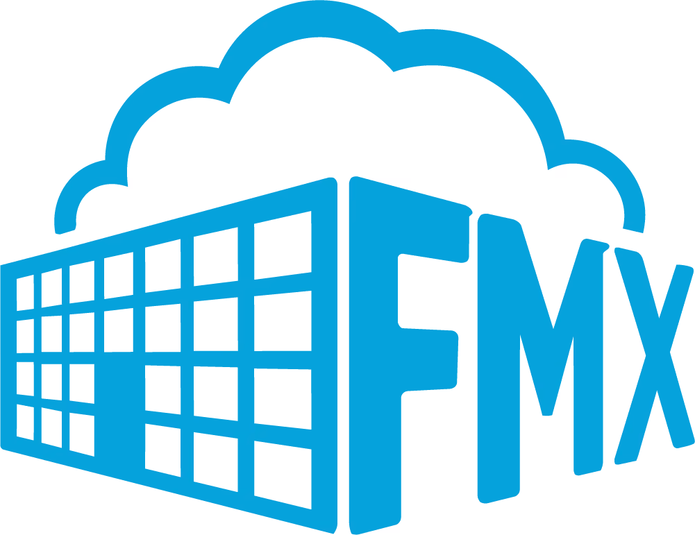 Blue stylized building with grid windows and a cloud shape behind, next to the letters FMX.