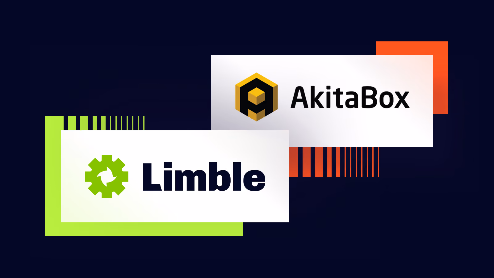Logos of Limble with a green gear icon and AkitaBox with a yellow hexagonal cube icon on a dark background with green and orange accents.