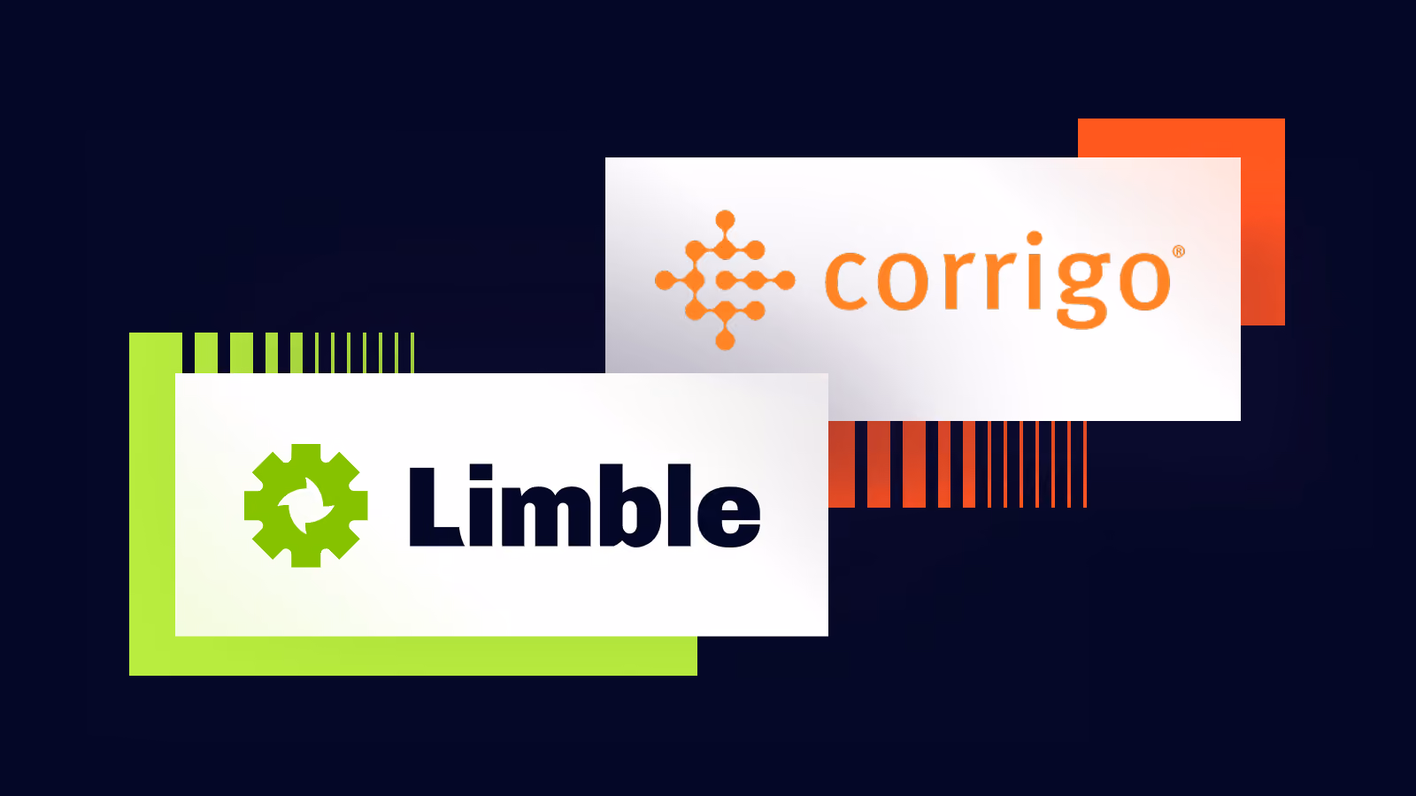 Logos of Limble and Corrigo software companies on a dark background with green and orange design accents.