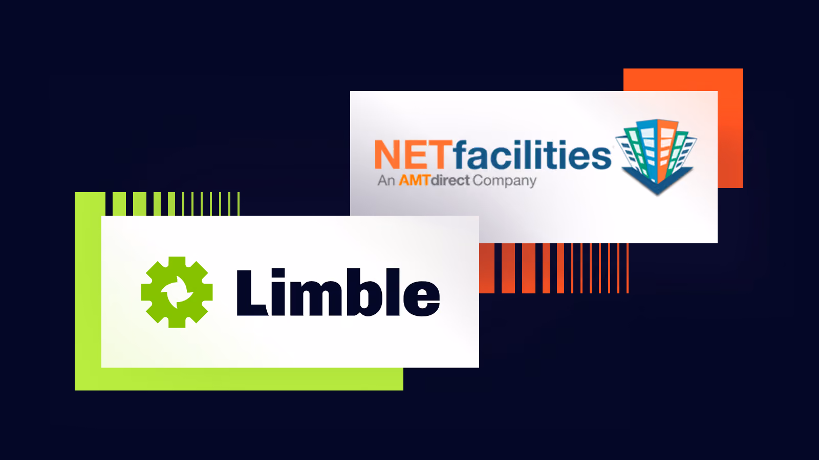 Logos of NETfacilities, an AMTdirect company, and Limble with colorful geometric accents on a dark background.