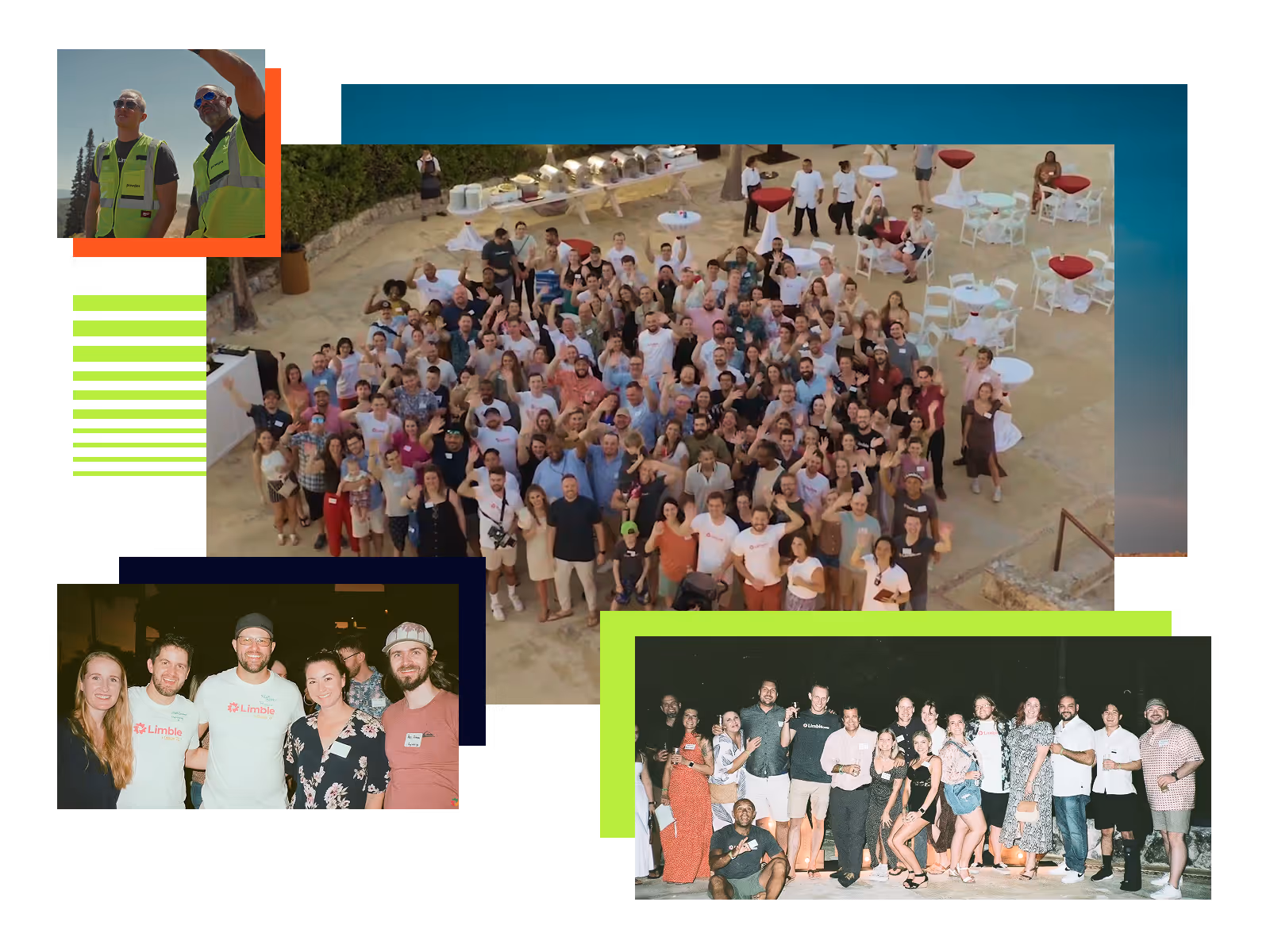 Collage of four photos showing diverse groups of people at social and work events, including a large group waving at the camera outdoors, two men in safety vests, and smaller group gatherings.