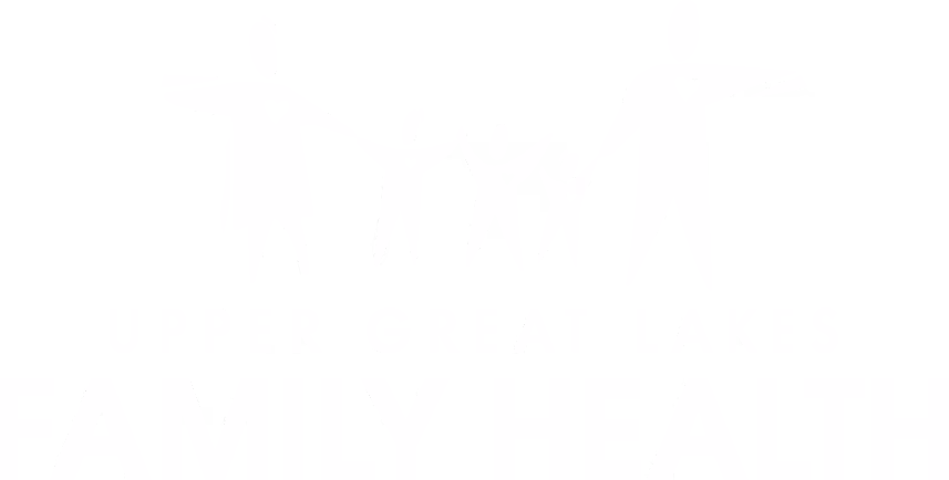 Logo of Upper Great Lakes Family Health showing stylized figures of two adults and three children holding hands with hearts on their chests.