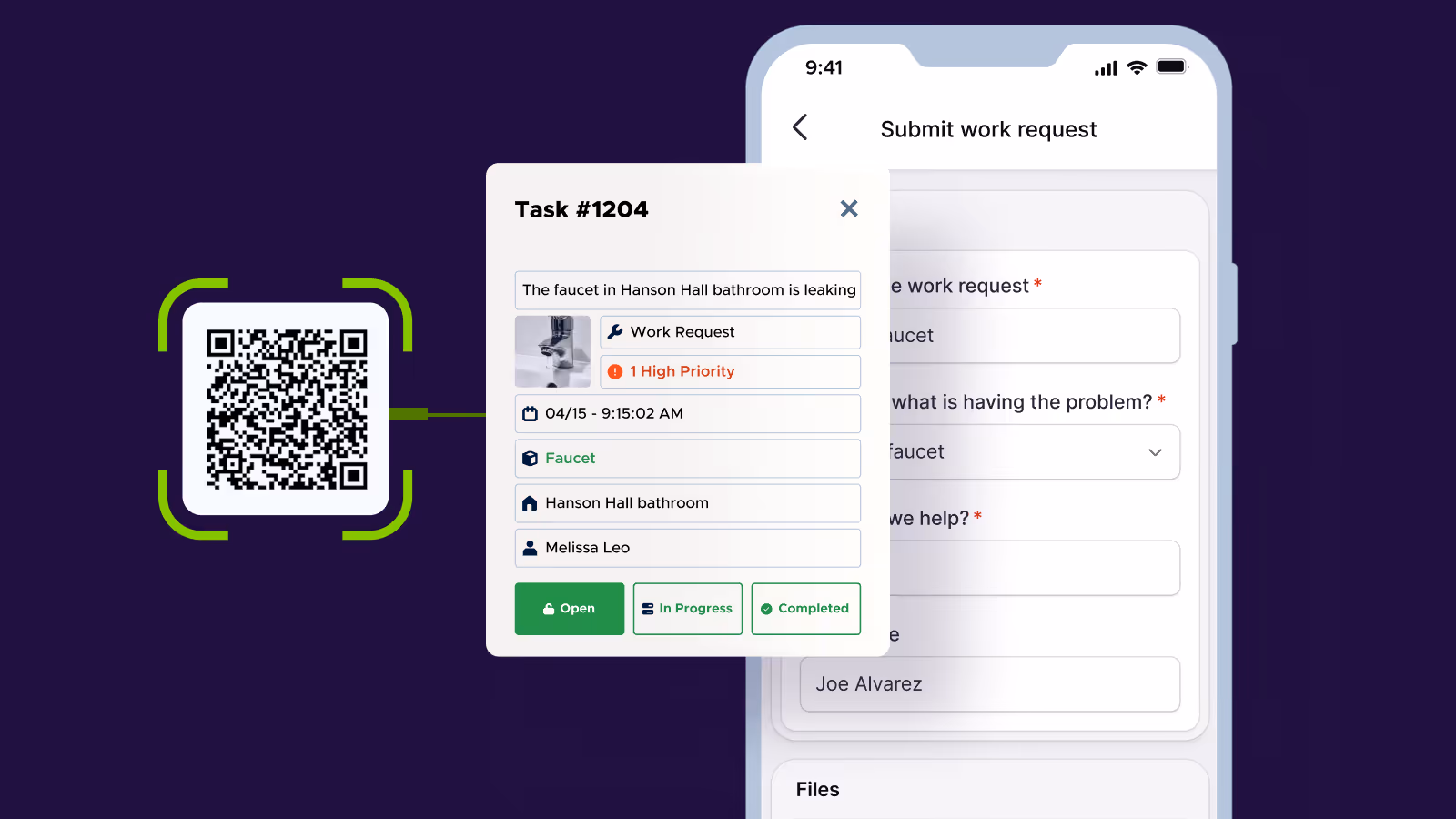 Mobile screen showing a work request submission form with a task popup for leaking faucet in Hanson Hall bathroom marked as high priority and options to update status.