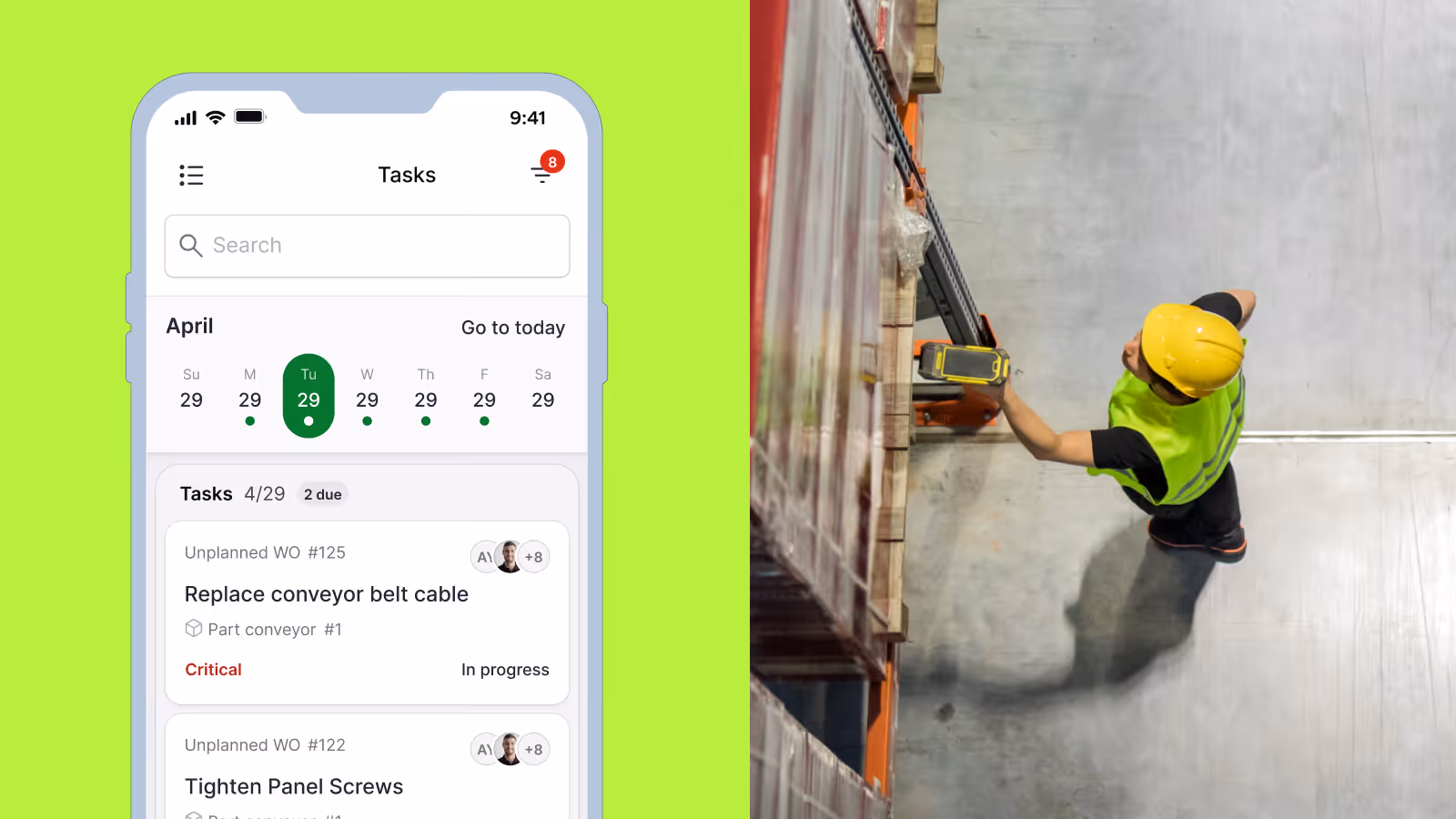 Top view of a warehouse worker wearing a yellow helmet and vest using a handheld scanner near shelves, adjacent to a smartphone screen showing a task list app with maintenance tasks.