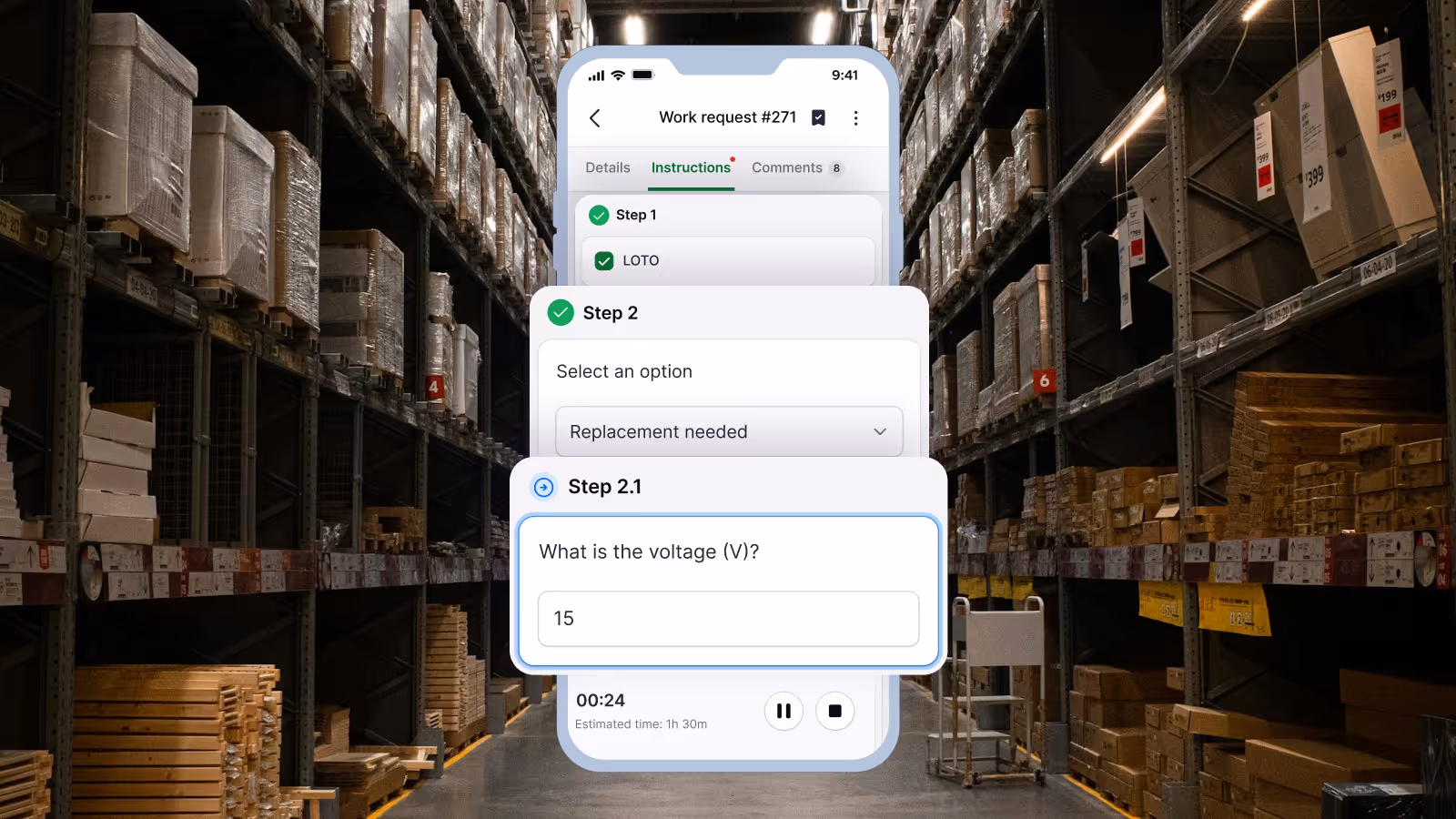 Warehouse aisle with tall shelves stocked with boxes and wooden planks, overlaid by a smartphone screen showing a work request app with steps for voltage input and replacement option.