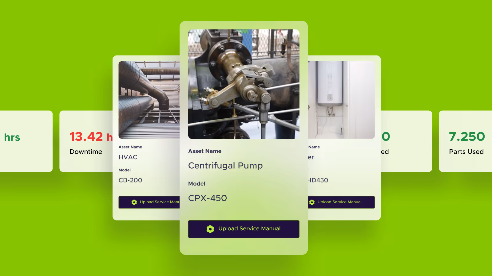 Three overlapping cards on a green background showing industrial assets: HVAC CB-200, Centrifugal Pump CPX-450, and a water heater with an option to upload service manuals.