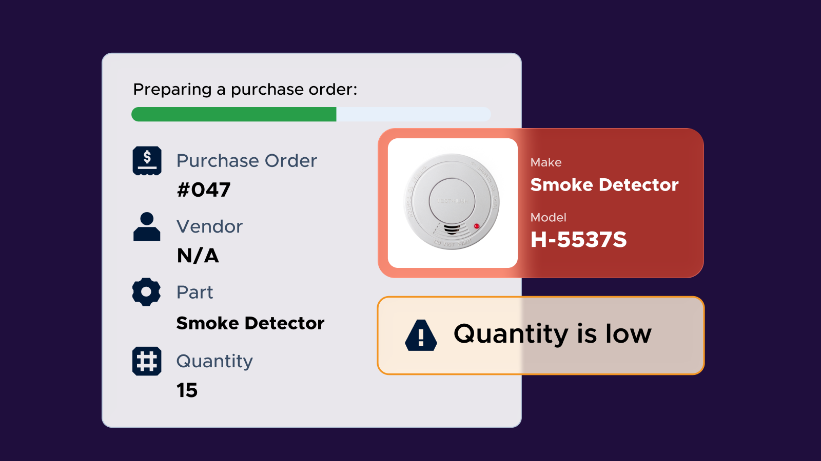 Interface showing a purchase order #047 for 15 smoke detectors model H-5537S with a progress bar and a warning that quantity is low.