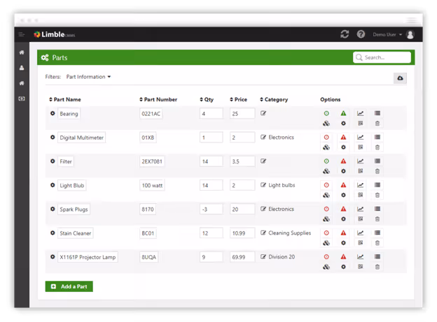 Parts inventory screen inside Limble CMMS