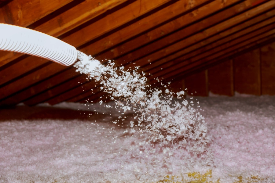 A flexible hose blowing loose fill insulation material into an attic with visible wooden beams overhead.