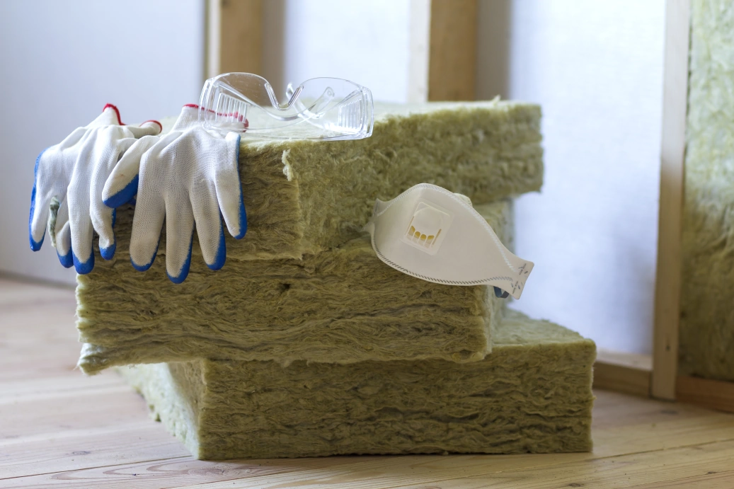 Stack of mineral wool insulation panels with protective gloves, safety goggles, and a respirator mask placed on top.