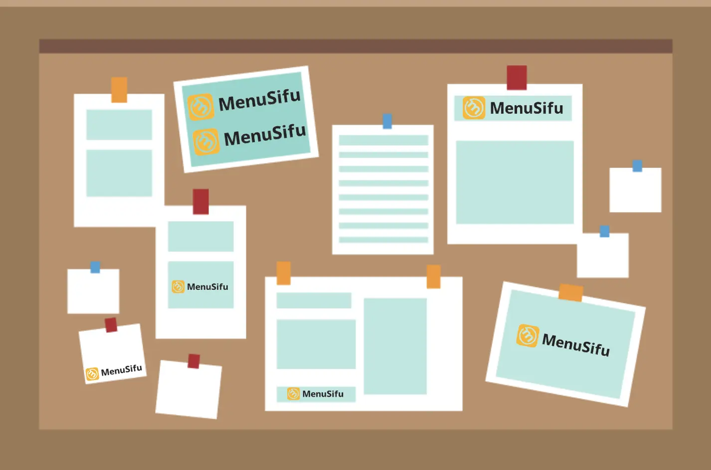 Illustration of a community bulletin board with flyers and notices featuring the MenuSifu logo.