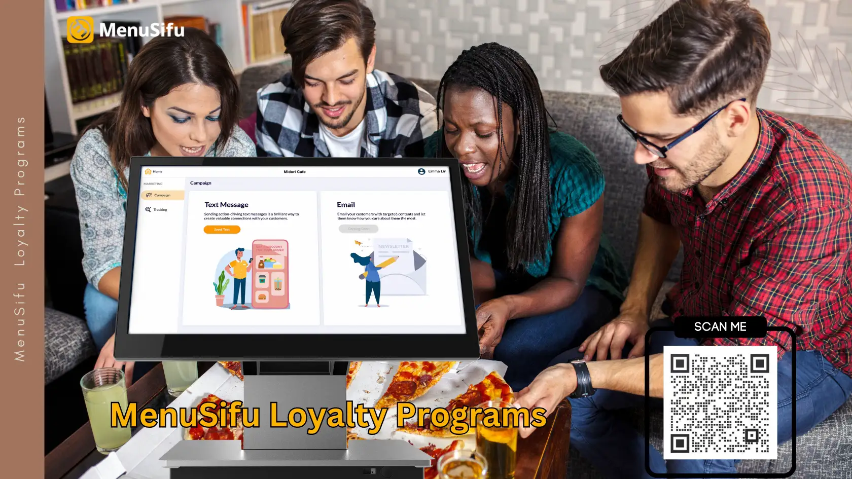 A group of people enjoying pizza, with MenuSifu's loyalty program dashboard displayed on a screen, showcasing customer engagement features.