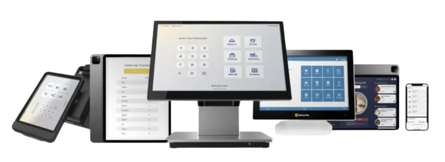 A lineup of MenuSifu POS systems including terminals, tablets, and mobile devices for restaurant use.
