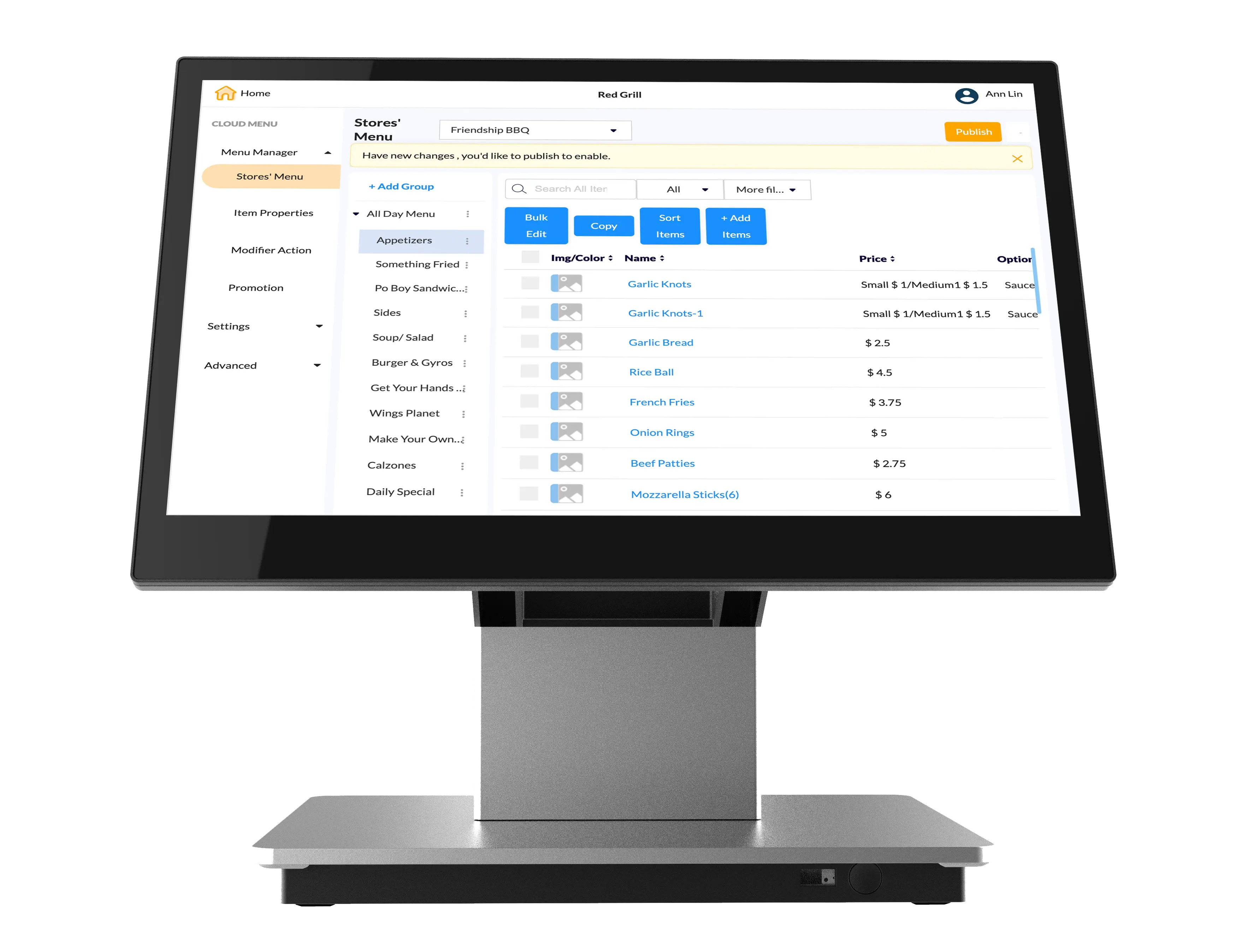 MenuSifu touchscreen POS terminal displaying the menu management interface with categorized items.