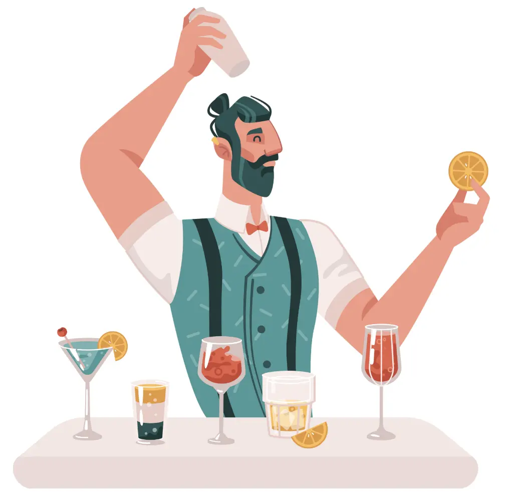 A stylish mixologist with a beard, dressed in a vest and bow tie, shaking a cocktail while holding a lemon slice, surrounded by various drinks.