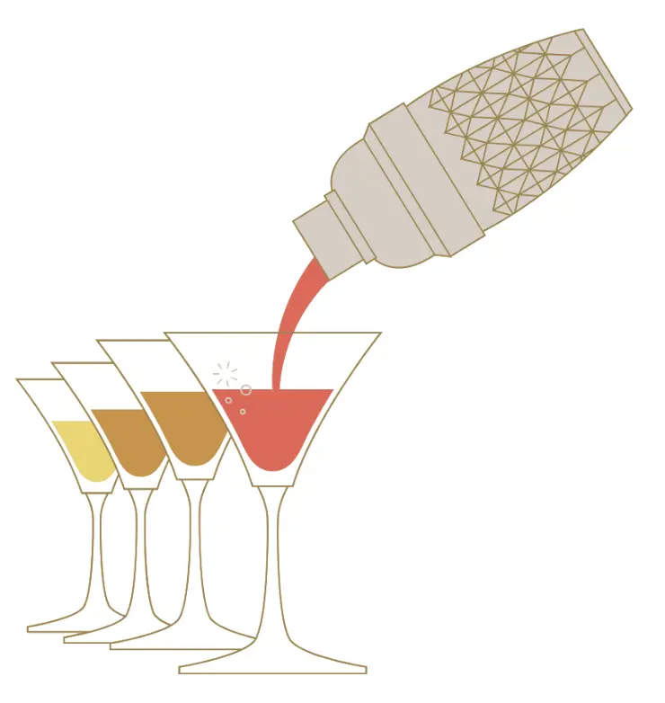 A stylized illustration of a cocktail shaker pouring a vibrant drink into a martini glass, with three other glasses filled with different beverages.