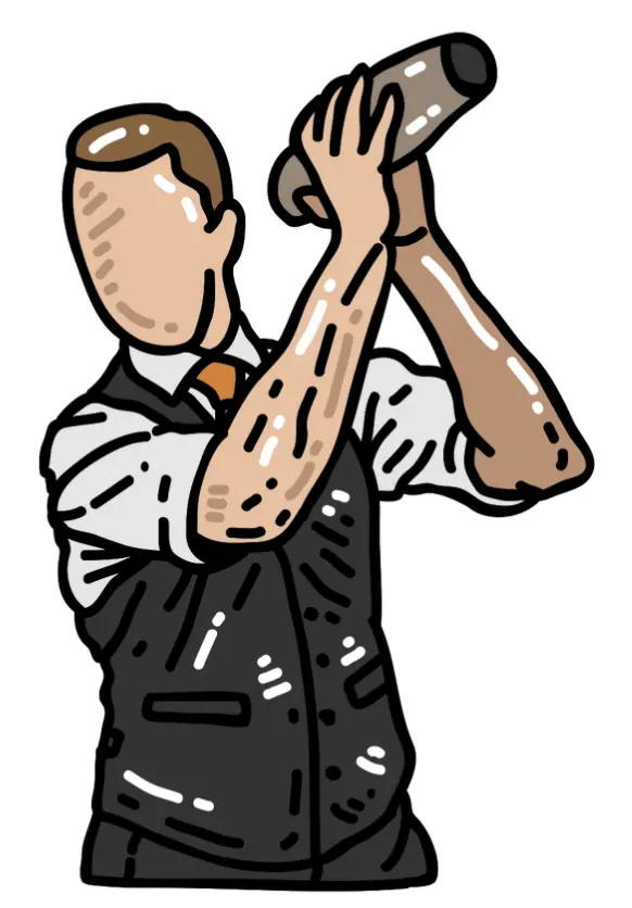 An illustration of a bartender in a vest and tie shaking a cocktail shaker, ready to mix a drink.