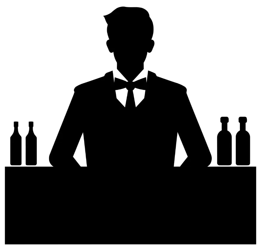 A black silhouette of a bartender in a bow tie standing behind a bar counter with bottles on either side.