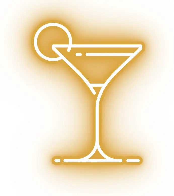 A glowing golden neon outline of a classic cocktail glass with a citrus garnish, representing cocktails and mixology.