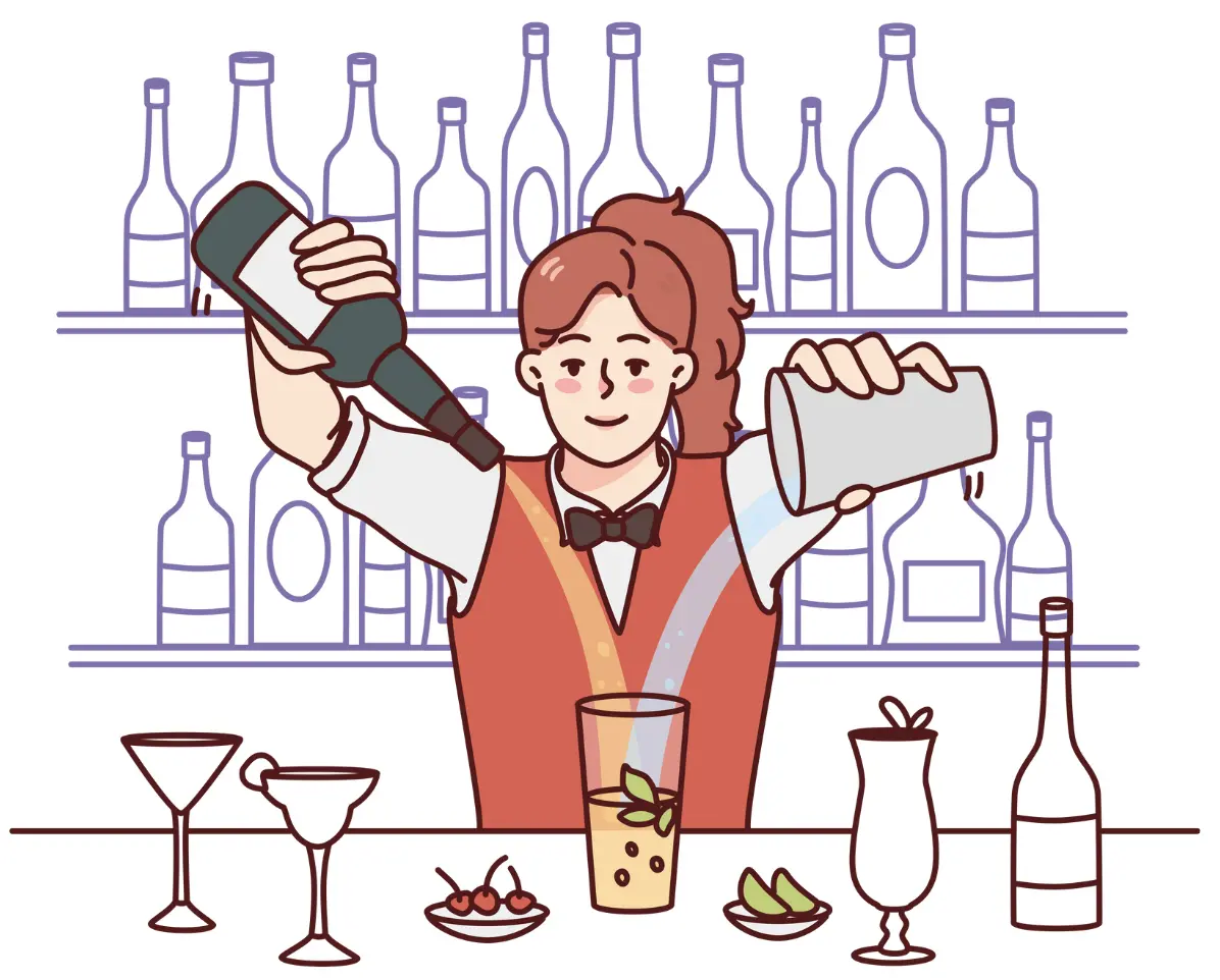 A cheerful bartender in a red vest pouring liquor and shaking a cocktail shaker, preparing a mixed drink at a bar with various bottles in the background.