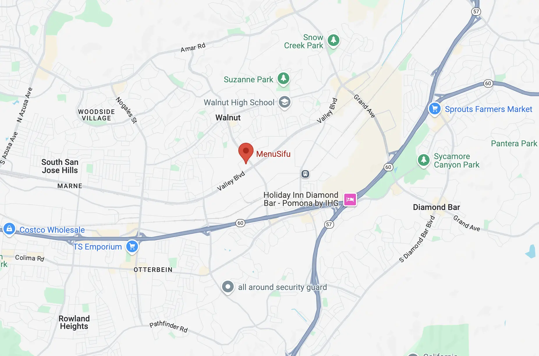 A map showing the location of MenuSifu’s Los Angeles office near Walnut, Rowland Heights, and Diamond Bar, highlighting nearby landmarks like Walnut High School and Sprouts Farmers Market.