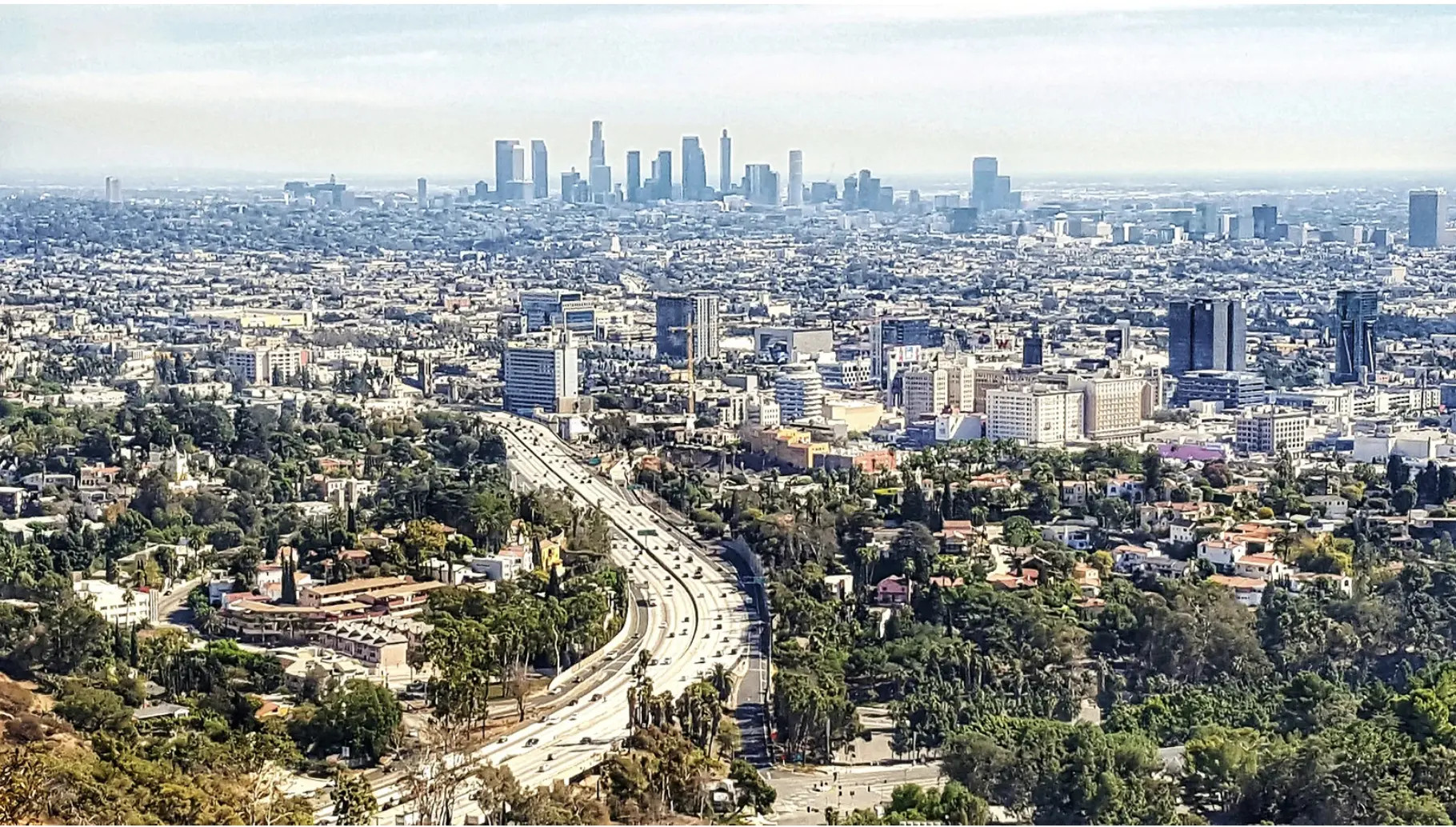 Aerial view of Los Angeles skyline and freeway showcasing the city's vast and dynamic restaurant landscape.