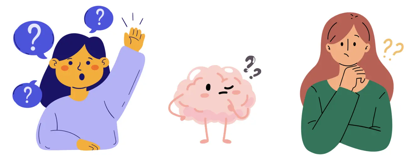 Illustration of a person raising questions, a brain thinking, and another person pondering, symbolizing decision-making for POS systems.
