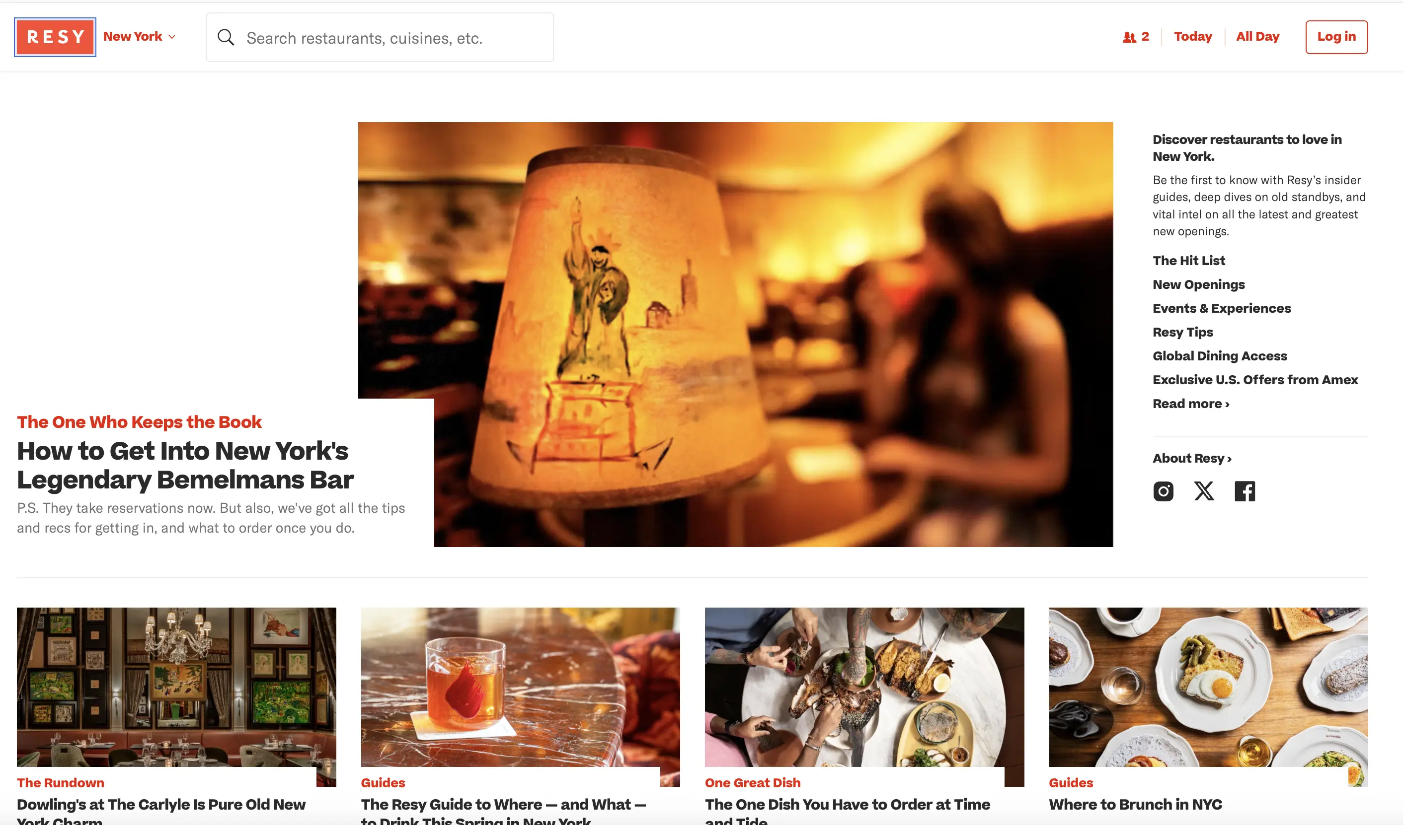 Resy homepage featuring New York’s Bemelmans Bar, with reservation options and curated city guides