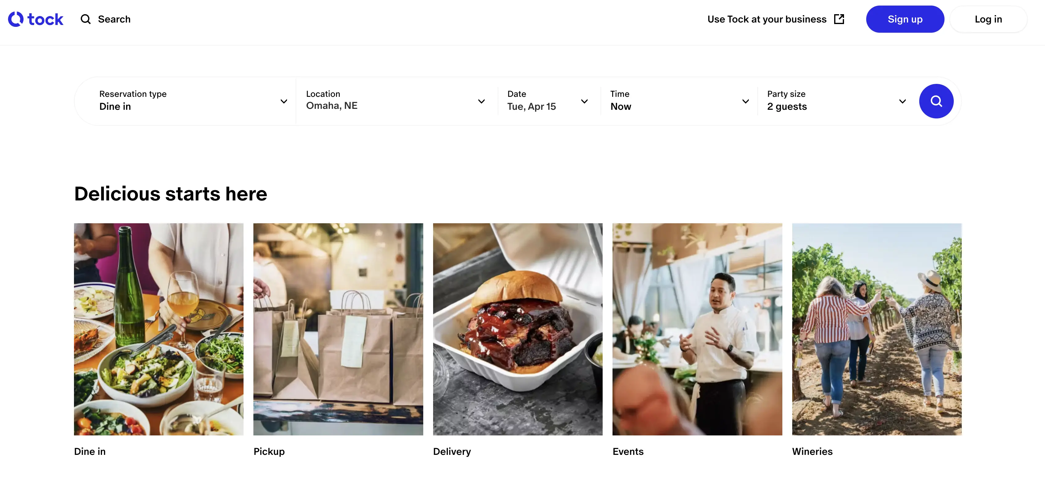 Tock homepage showing options for dine-in, pickup, delivery, events, and winery experiences, with reservation filters by date, time, and party size.