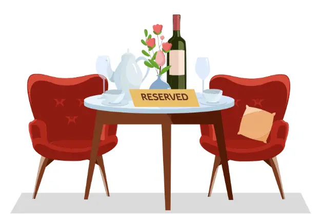 Illustration of a romantic restaurant table setup with a reserved sign, wine, flowers, and two red chairs.