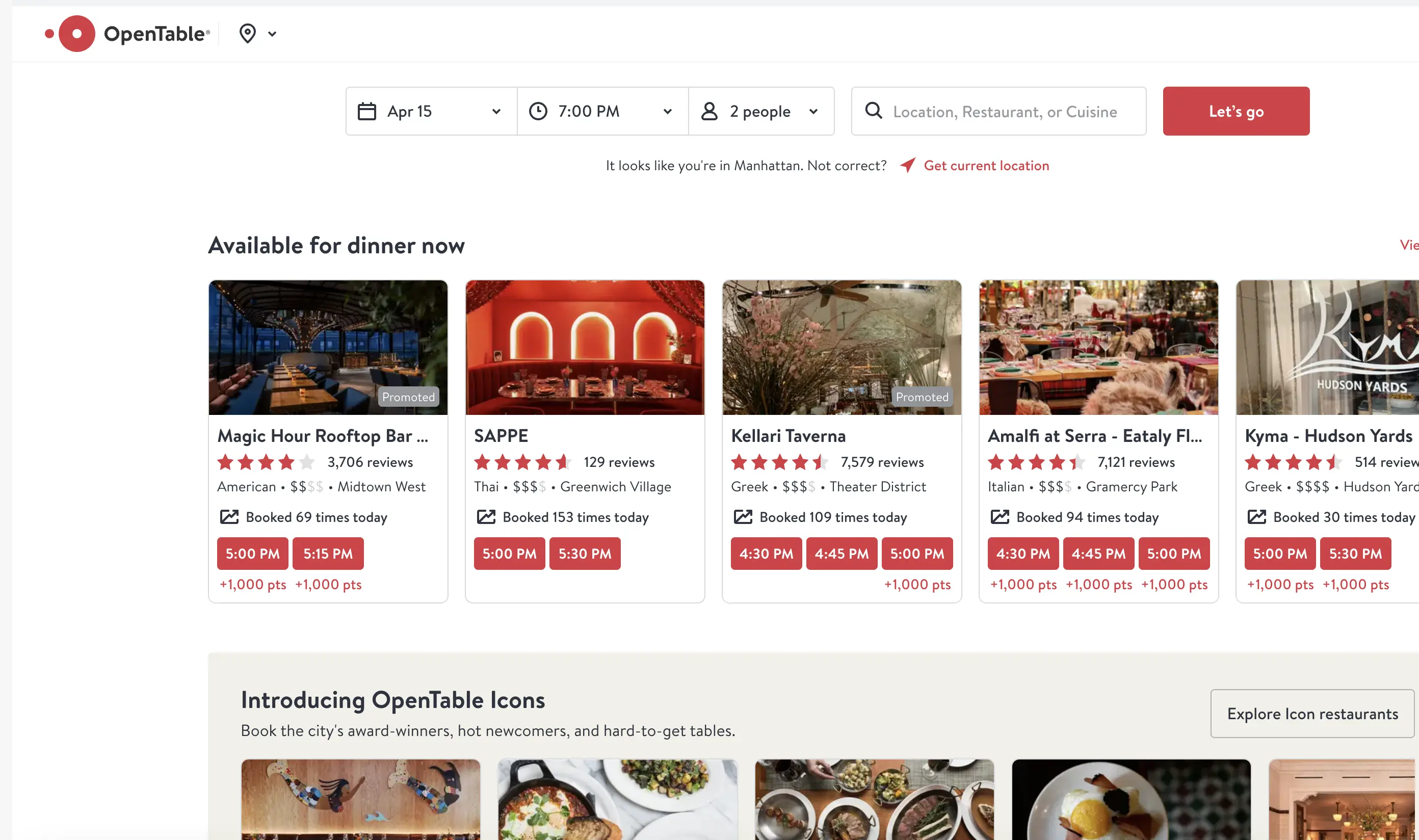 OpenTable’s search results showing available restaurants, reservation times, and diner reviews in New York City.