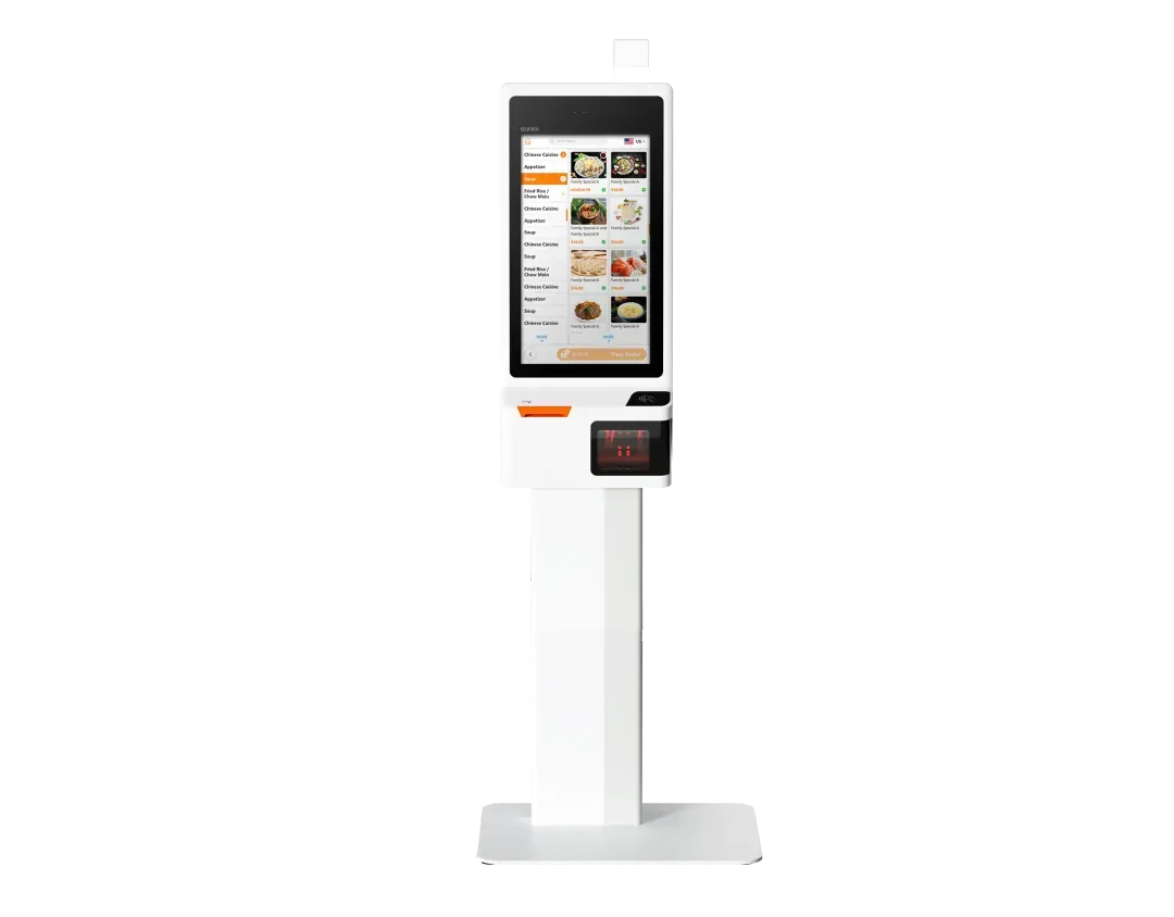 A modern self-ordering POS kiosk designed for bubble tea shops, enhancing efficiency and customer convenience with a touch-screen interface.
