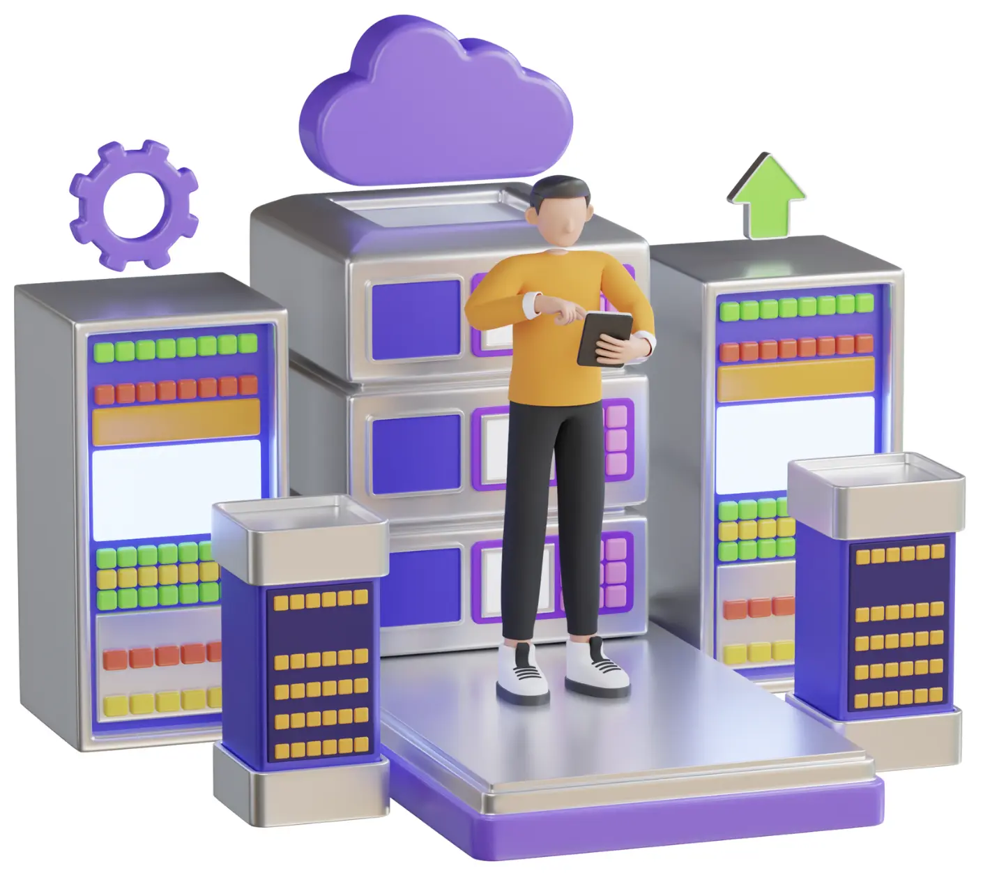 A 3D-rendered image of a person managing cloud servers and data processing, symbolizing advanced business automation with cloud technology.