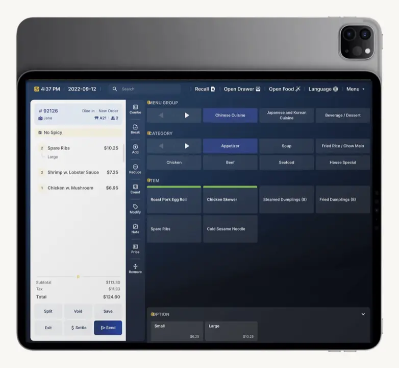 A user-friendly restaurant POS system on an iPad displaying a categorized menu for streamlined order processing.