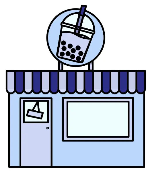Cartoon-style storefront with a boba tea sign, representing the curb appeal and branding of a bubble tea shop.