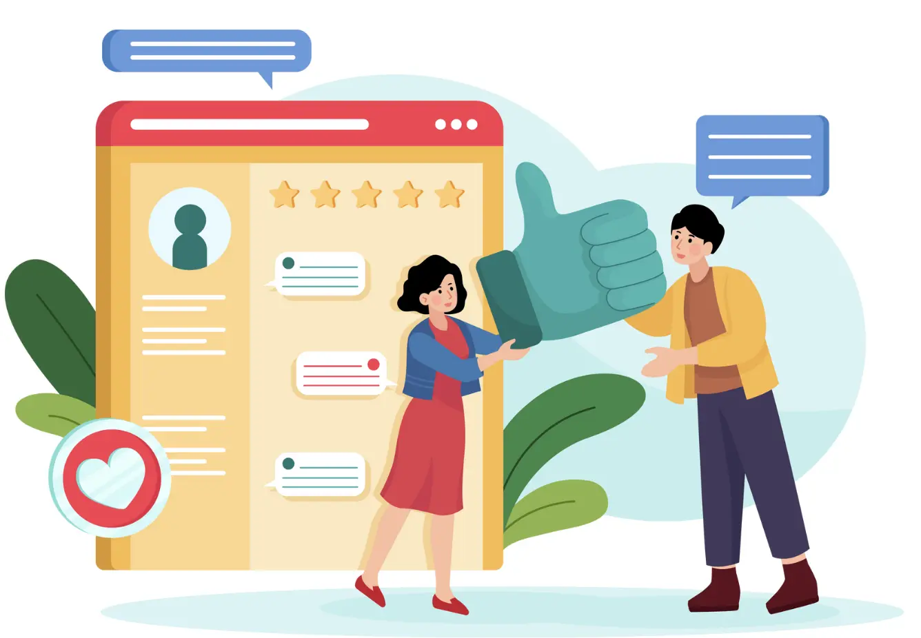 An illustration of a customer giving feedback and a representative offering a thumbs-up, symbolizing trust and positive relationships.
